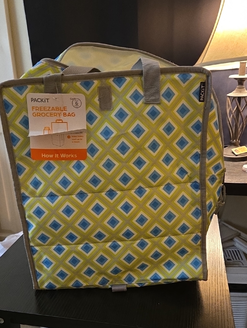 PackIt Freezeable Grocery Bag in Yellow Blue Diamond Pattern
